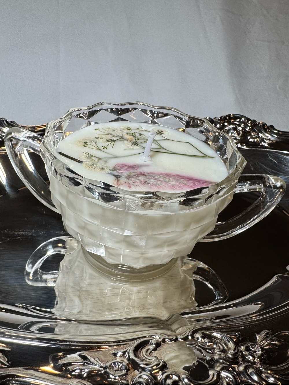 Hand-Poured White Floral Soy Candle in Glass Teacup with Pink Accent